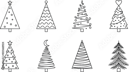 Collection of outlined Christmas tree illustrations with ornaments, stars, hearts and patterns, festive holiday line art for seasonal decoration and winter design