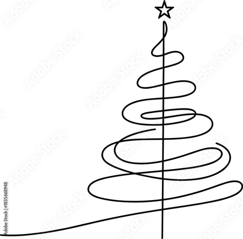 Minimal continuous line Christmas tree with star, elegant modern holiday illustration for festive design, simple seasonal artwork and winter decoration vector
