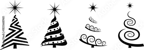 Minimalist black Christmas tree silhouettes with decorative swirl patterns and stars, festive holiday vector design for modern seasonal artwork and decoration