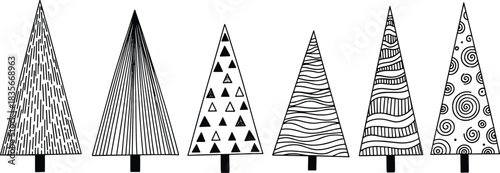 Minimalist black and white geometric Christmas tree illustration set with modern patterns, abstract decorative triangle designs for festive holiday artwork