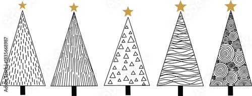 Modern black and white Christmas tree illustrations with geometric patterns and gold stars, minimalist holiday decorative design set for festive seasonal artwork