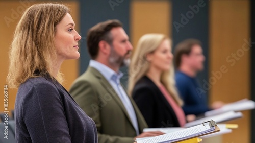 A panel of judges thoughtfully reviewing entries or materials at a contest, with clipboards and scoring sheets, depicting an official judging process