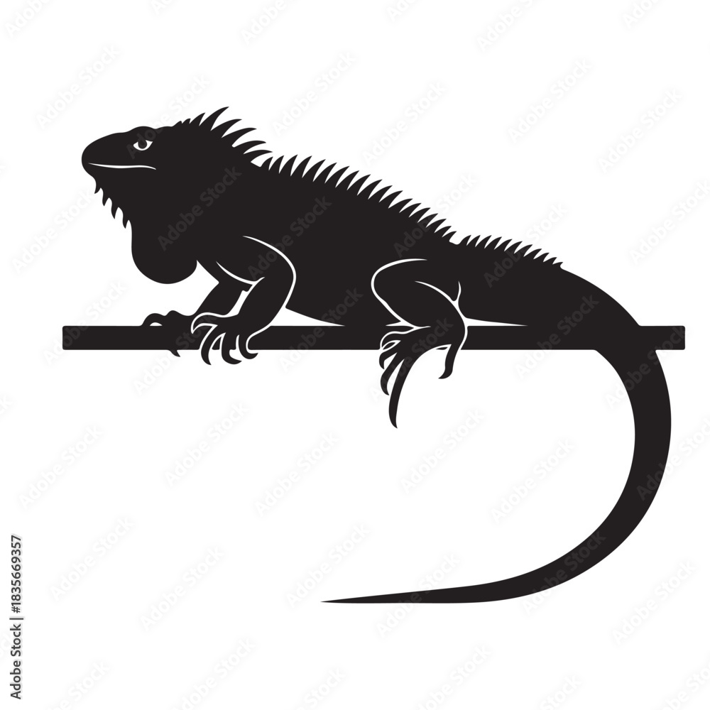 Fototapeta premium Green iguana sitting on a branch against a white background