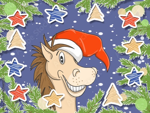 Funny horse in the form of Santa Claus in a New Year's frame. The horse is the symbol of 2026!