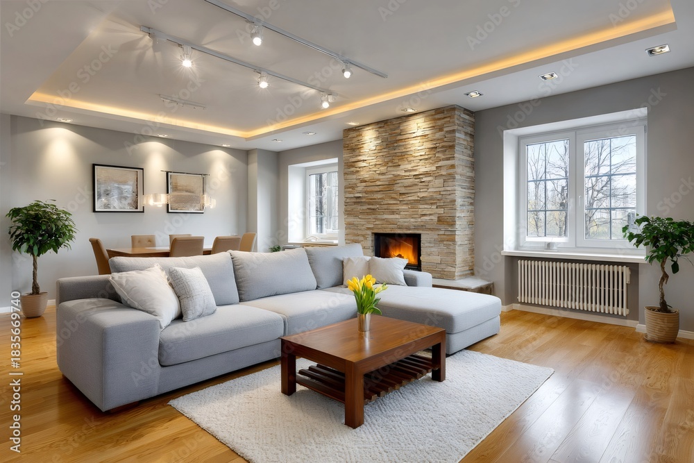 Naklejka premium Modern living room interior with cozy fireplace and large sofa