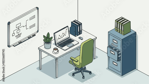 Office desk setup with laptop whiteboard and filing cabinet vector brazil ceara