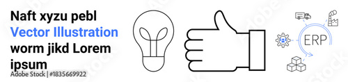 Innovation, technology, enterprise solutions, logistics, production management, planning. Thumb up symbol, lightbulb and ERP-related icons. Innovation and technology conceptual