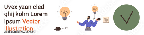 Innovation, inspiration, education, design concepts, decision-making, approval. A person holding designs with light bulbs and a checkmark. Concepts of innovation and decision-making visually