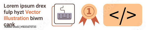 Software development, coding education, programming tools, achievements, tech workshops, digital innovation. A keyboard icon, award badge and code symbol. Coding education and programming tools