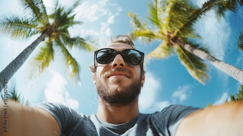 Smiling man wearing sunglasses and a blue shirt holding up phone to take a photo in front of tall palm trees.