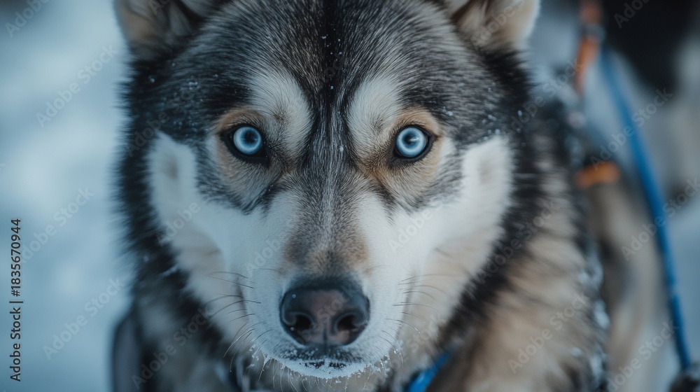 Obraz premium A strong-looking husky dog with blue eyes and white fur covered in snow, gazing into the distance.