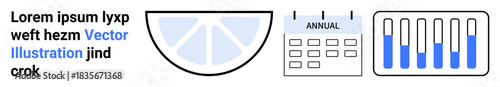 Sliced circle, annual calendar, bar chart depicting data trends and performance. Ideal for business insights, strategy, planning, data analysis, progress tracking, reporting simple landing page