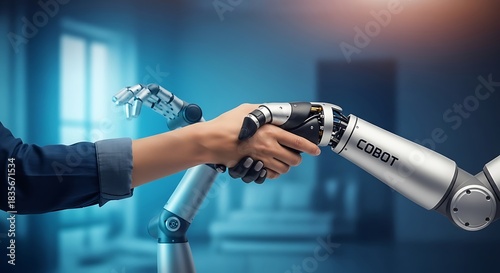 Human hand shaking with advanced robotic arm, symbolizing future collaboration and technological integration