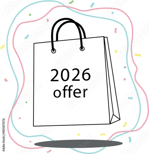 Attractive 2026 Shopping Offer Celebration with Confetti and Stylish Shopping Bag Illustration a Festive Shopping Concept and Marketing Design with Graphic Elements and Festive Flair