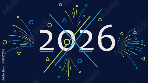 Exciting Celebration for the Year 2026 with Geometric Shapes and Bright Fireworks Design on Dark Blue Background for Posters and Banners