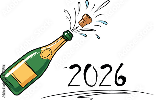 Festive 2026 New Year Celebration with Popping Champagne Bottle and Cork Flying High Depicting Joyful Anticipation for a Promising Year Ahead