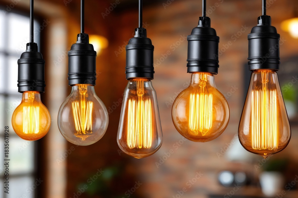 Obraz premium Vintage edison light bulbs glowing in a row