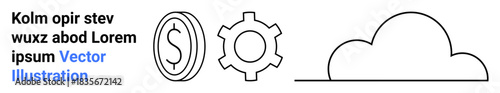 Dollar coin, gear, and cloud icons symbolizing finance, process, and cloud computing. Ideal for business, economy, innovation, technology computing digital transformation simple landing page