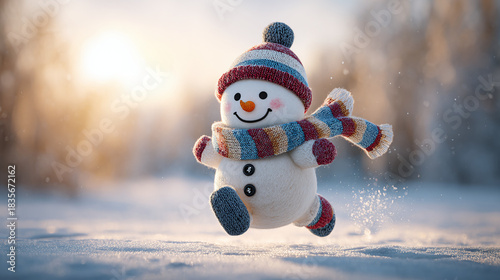 A whimsical, snow-covered scene of a cheerful snowman cheerfully running across a snowy landscape with a bright forest background.