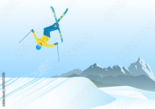 Freestyle skier performs a backflip off over snowy ramp.