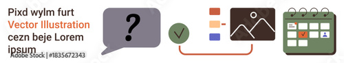 User interface, digital organization, scheduling tools, decision-making, image databases, data management. Features question bubble, calendar and image layout icons connected by arrows. User