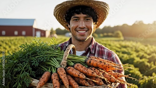 Smiling young man wearing straw hat holds basket filled with freshly harvested carrots, standing in sunlit farm field with barn in background, useful for agricultural themes, sustainable farming,