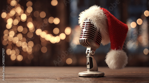 Festive microphone with a Santa hat, against a background of twinkling golden lights, bringing a unique blend of music and holiday cheer.