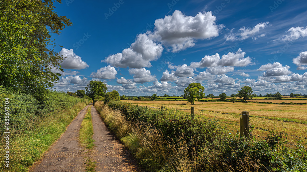 Fototapeta premium A picturesque country lane stretches into the distance beneath a vibrant blue sky dotted with fluffy, scattered clouds. Trees line the path.