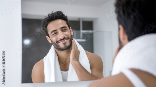 Young Man Smiling at Mirror After Fresh Shower with Towel Around Neck.