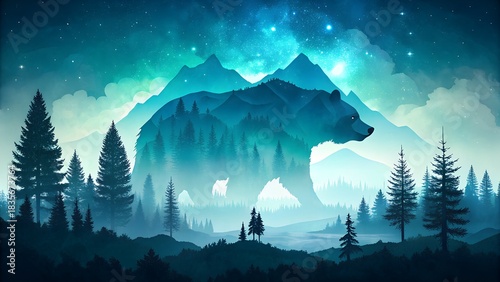 Double Exposure Art of Grizzly Bear Silhouette with Misty Forest Landscape, Nature 8k landscape Wallpaper