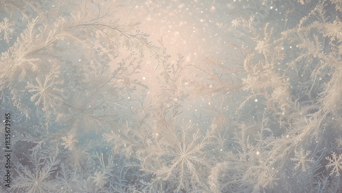 A delicate close-up of frosty winter foliage and intricate ice crystals, softly illuminated by warm pastel light with copy space.