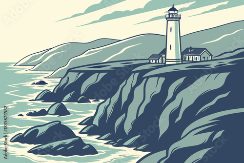 Rugged cliffs and lighthouse at Big Sur coast California