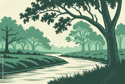 Quiet river lined with oak trees near Baton Rouge, Louisiana.