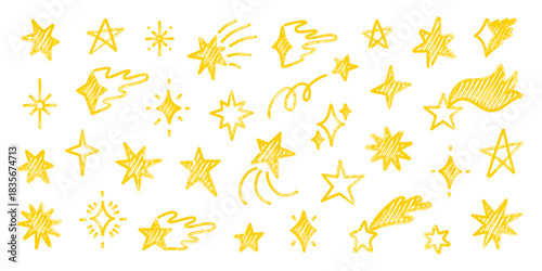 Hand drawn marker star doodle set with sparkling yellow shapes. Childlike marker chalk textures whimsical star figures in playful sketch style.