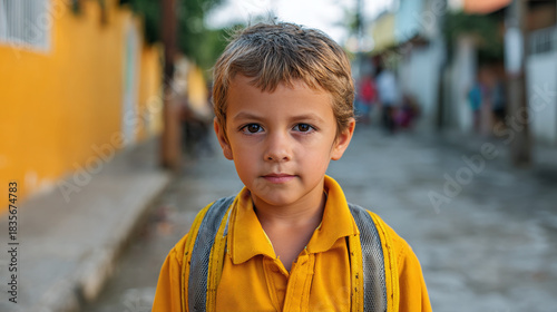 Fototapeta Naklejka Na Ścianę i Meble -  Portrait of a focused young boy with a backpack, ready for the adventures of the day ahead, standing on a small street.