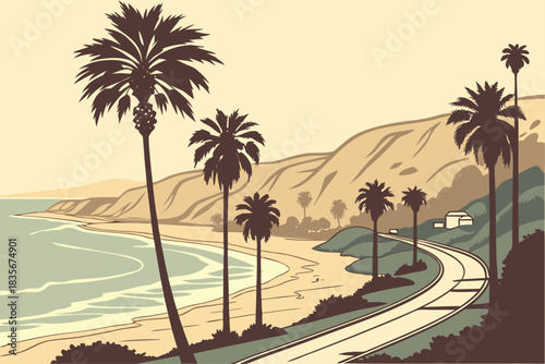 Palm trees and beach road in Malibu California