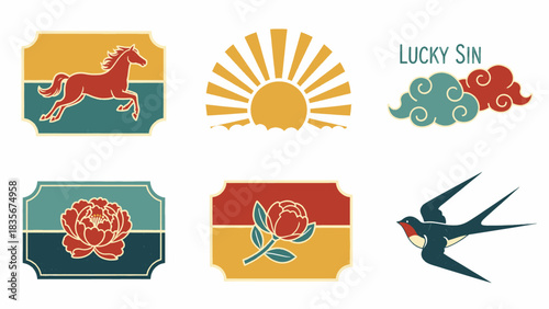 Retro Style Icons Horse, Sun, Clouds, Flower and Bird Motifs