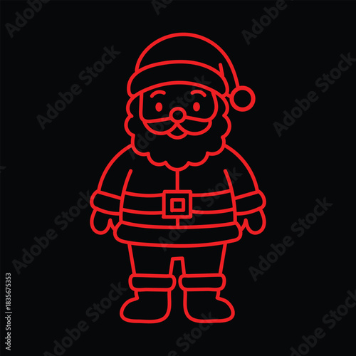 Whimsical neon red Santa Claus illustration glowing on a dark background