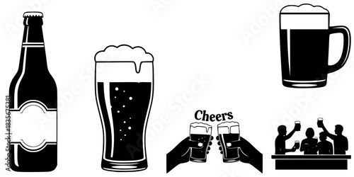 Beer Bottle and Pint Glass Pub Party Vector Silhouette Set