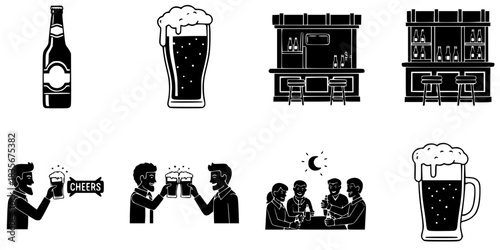 Beer Bottle and Pint Glass Pub Party Vector Silhouette Set