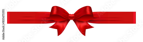 Red glossy bow with medium ribbon tails, decorative vector element for greeting cards, gift packaging, holidays, birthdays and celebration designs