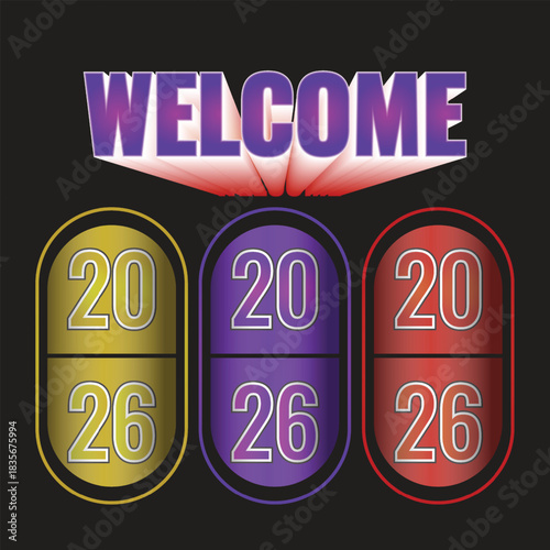 Welcome with Purple Gradient and Three Oval Year Displays Keywords: welcome, 2026, new year