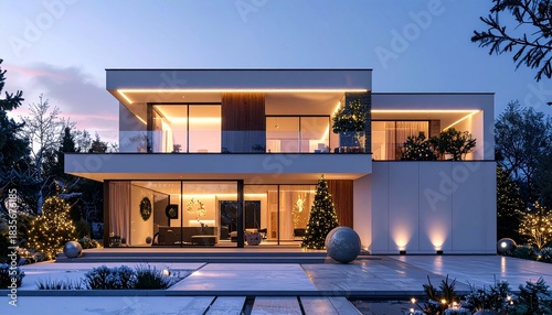 Modern Two Story House Exterior With Christmas Decorations Illuminated At Dusk In Winter