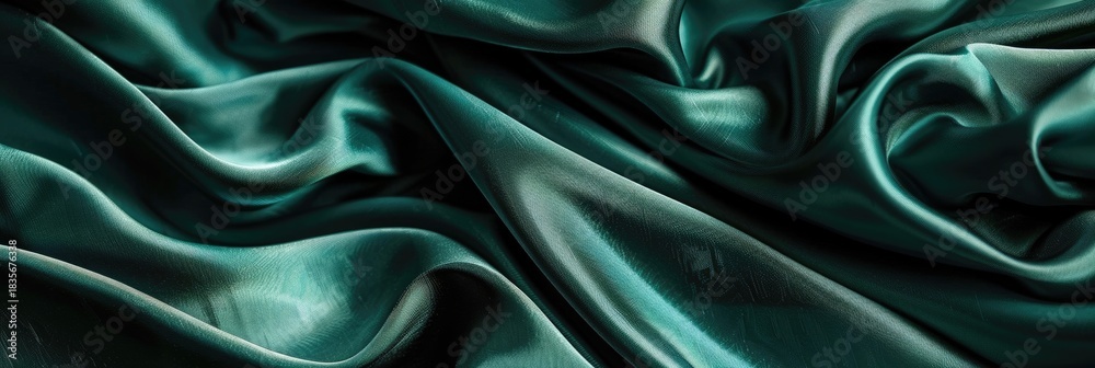 Fototapeta premium Smooth, flowing dark green satin fabric with a luxurious sheen and an elegant drape. Perfect as a textured background for fashion photography, interior visualizations, or luxury branding projects