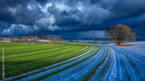 A dramatic sky over fields where winter snow meets early spring green grass