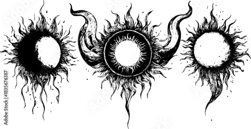 Occult Sun Symbols Set, Retro Xerography Halftone Engraving Abstract Solar Icons on Transparent Background