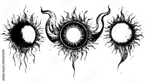 Occult Sun Symbols Set, Retro Xerography Halftone Engraving Abstract Solar Icons on Transparent Background