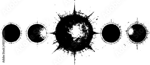 Occult Sun Symbols Set, Retro Xerography Halftone Engraving Abstract Solar Icons on Transparent Background