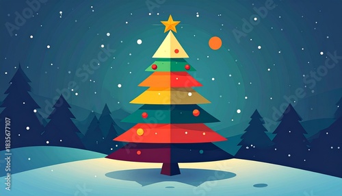 Pixelated Christmas Tree Illustration With Snow Falling Against A Dark Blue Background