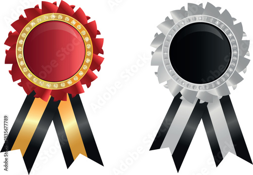 Luxury round glossy rosette badges with diamond brilliants and ribbon tails for best seller awards